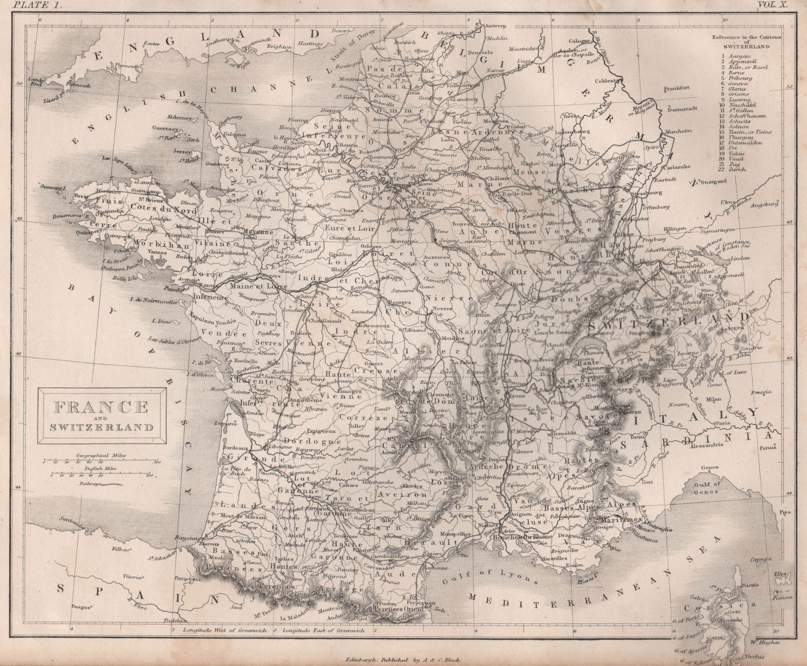 France and Switzerland. Railways. BRITANNICA 1860 old antique map plan chart